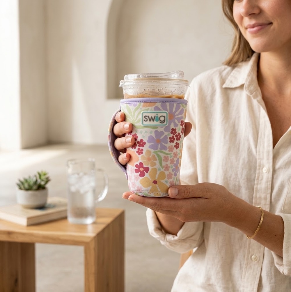 Swig Insulated Neoprene Iced Coffee Cup Coolie with Handle Floral Print